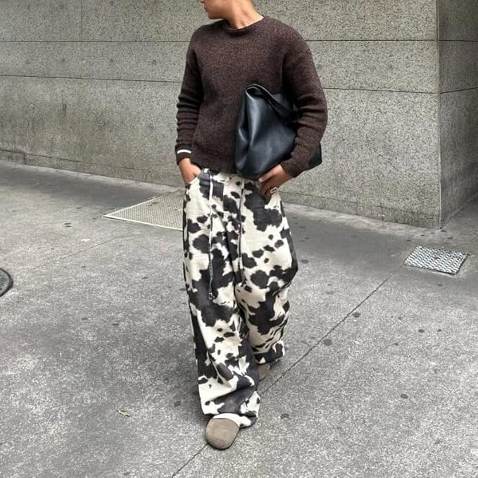Cow Print Loose Wide Leg Jeans Unisex Y2K Vintage High Waisted Baggy Denim Pants with Retro Street Style - Image 7