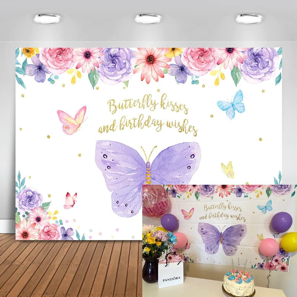 Mocsicka Butterfly Kisses Birthday Wishes Backdrop Purple Flowers Butterfly Birthday Party Decorations Butterflies Girl Birthday Party Banner Photography Background (7x5ft)