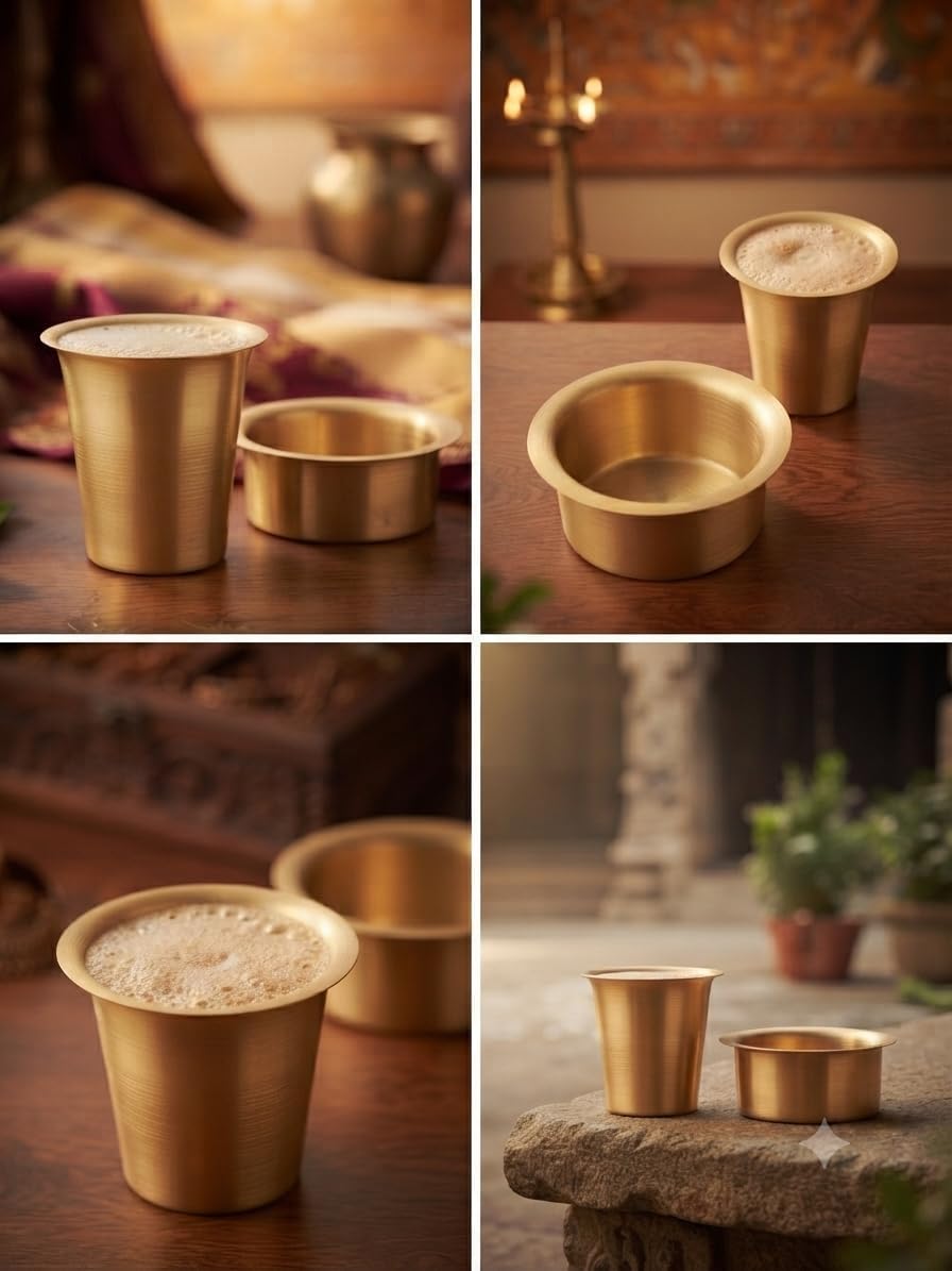 Brass Tea And Coffee Dabara Set Tumbler For Home, Café - Set Of 6 (120 ML)