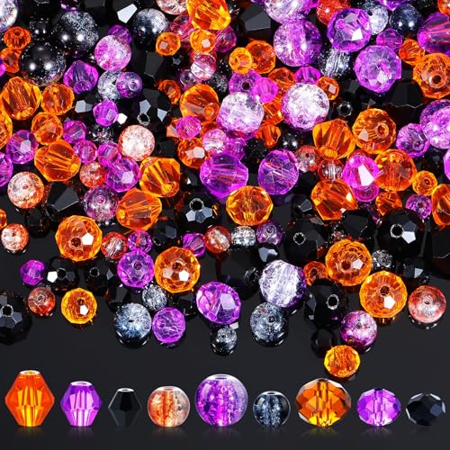 Landical 1215 Pcs Halloween Glass Beads Black Purple Orange Bicone Crystal Beads Faceted Design for DIY Jewelry Necklace Wristband Earring Mixed Shapes and Size