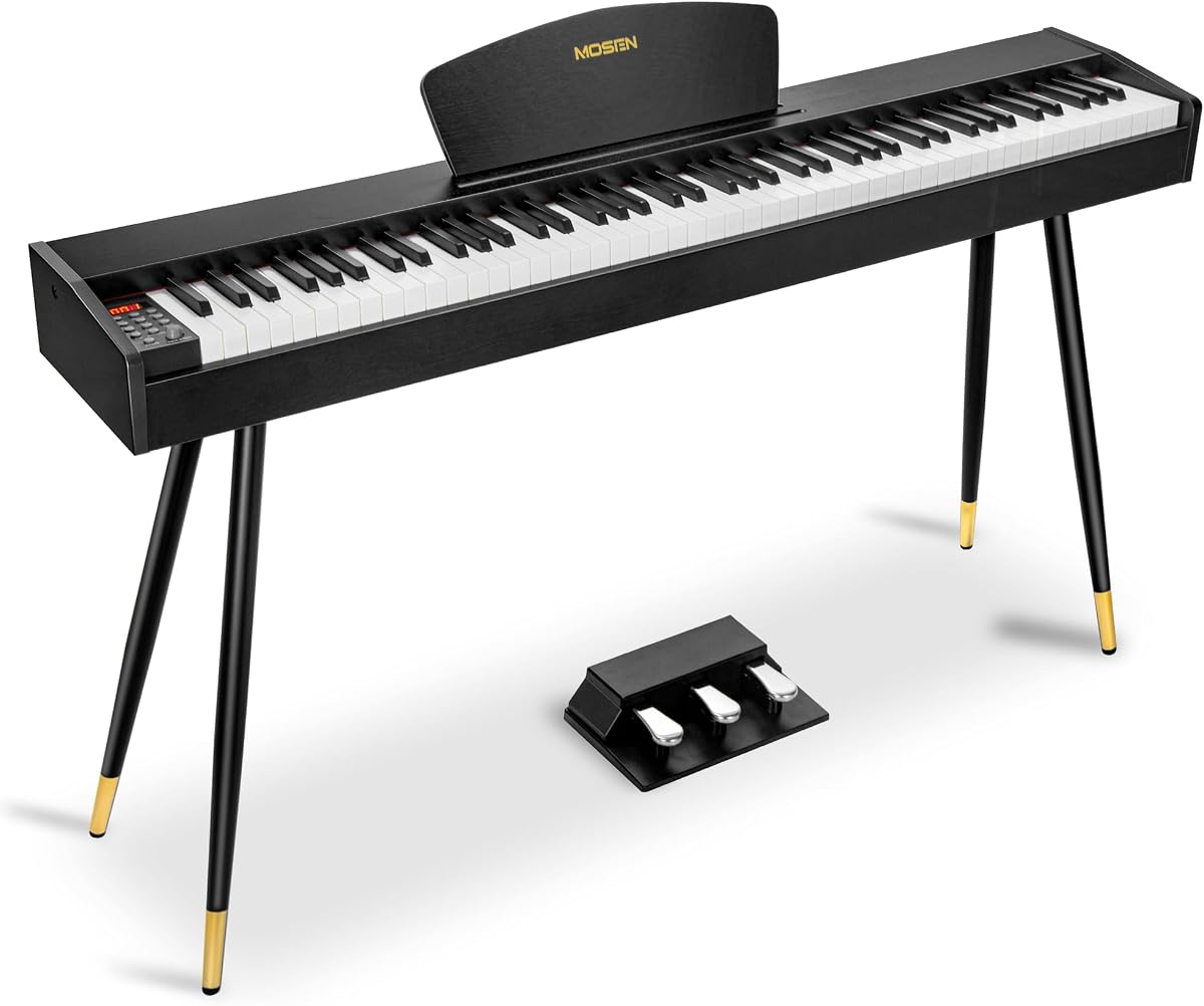 MOSEN Piano digital ponderado con acción de martillo de 88 teclas de tamaño completo para principiantes | 128 voces integradas, modo de grabación, pedales triples, atril, enlace USB-Midi Mp3, teclado de piano digital MDP-88Bk, negro
