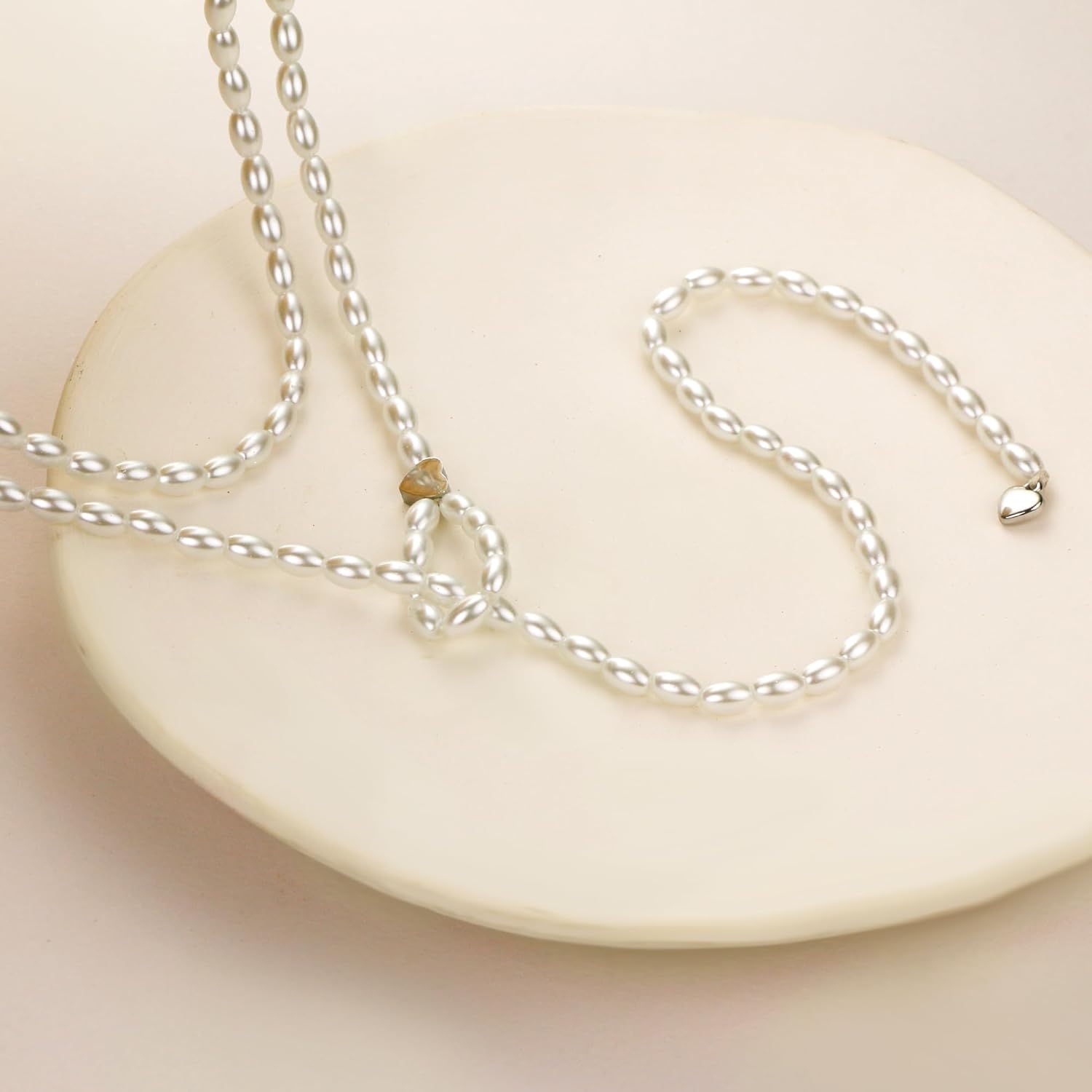 Sereney Long Pearl Necklaces for Women Dainty Pearls Layered Necklace, Long Necklaces for Women as Wedding Fashion Bridal Jewelry, Cream White Beaded Necklace with Heart for Multiple Pearl Styles - Image 4