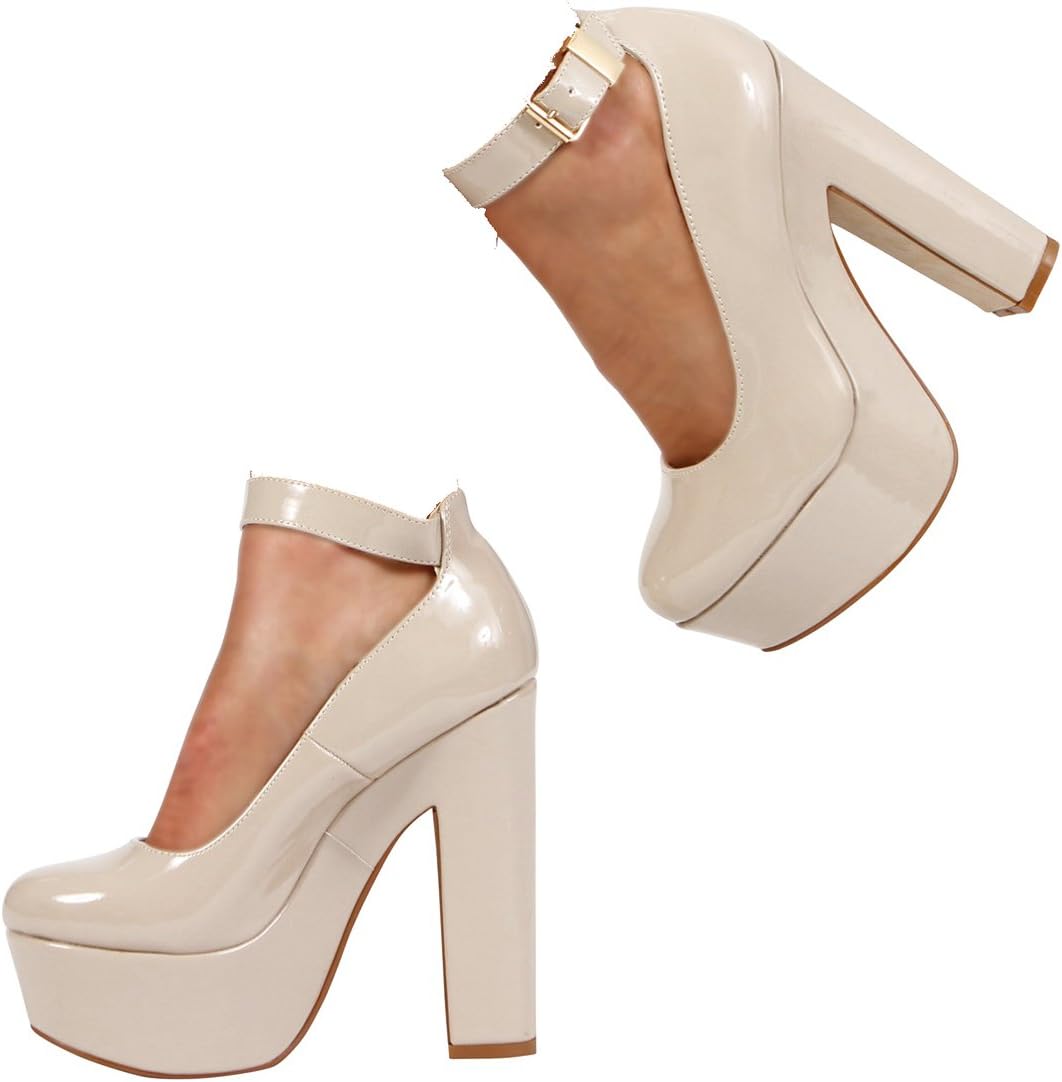 New Womens Ladies Platform HIGH Chunky Heel Ankle Strap Court Shoes Size 3-7