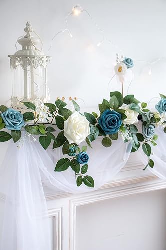 Miniatura 3 de PONATIA Guirnalda de flores artificiales de rosas hechas a mano de 5 pies, guirnalda de flores azul polvoriento y follaje para ceremonia de boda,