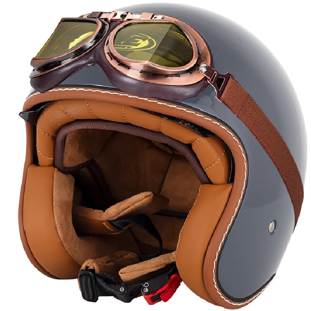 WZGGTEAM Open Face Motorcycle Helmet with Inner Goggles and Sun Visor, Road Legal ECE Approved Scooter Crash Half Jet Motorbike Helmets for Chopper Moped Scooters Bike Helmet Men