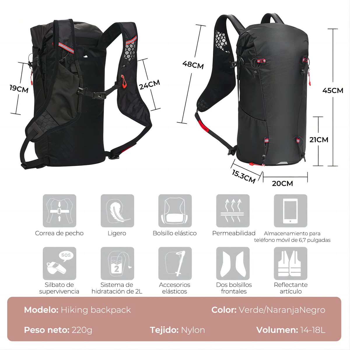 Mochila de hidratación impermeable ligera para senderismo correr ciclismo