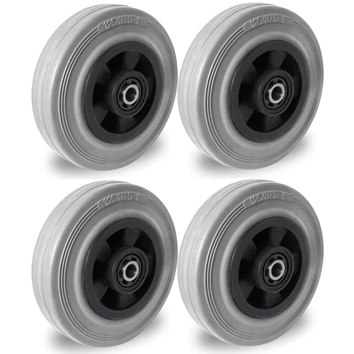 Juego de ruedas de 125 mm de goma gris sin dejar rastro con accesorios para ejes M10, ruedas de transporte de polipropileno/goma maciza PAK 3, calidad gris, con rodamientos (juego de 4