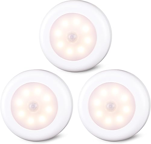 Miniatura 1 de STAR-SPANGLED Paquete de 3 luces con sensor de movimiento de 3.1 pulgadas para interiores, funciona con pilas AA, luz LED de disco para armario,