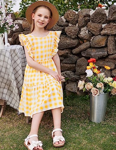 Flypigs Girls Flutter Sleeve Swing Dress Kids A-Line Plaid Party Dress With Elastic Back For Girls 10-11 Years #TOP5