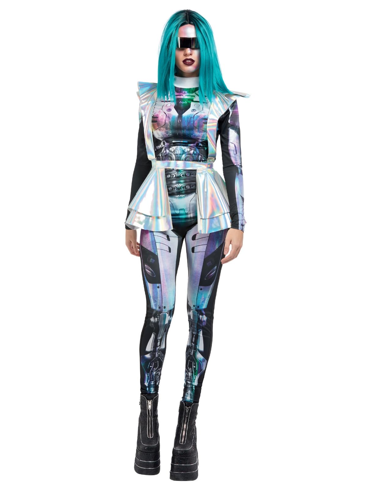 Smiffys Metallic Space Alien Costume, Multi Bodysuit & Metallic Harness, Halloween Adult Fancy Dress, Alien Dress Up Costumes