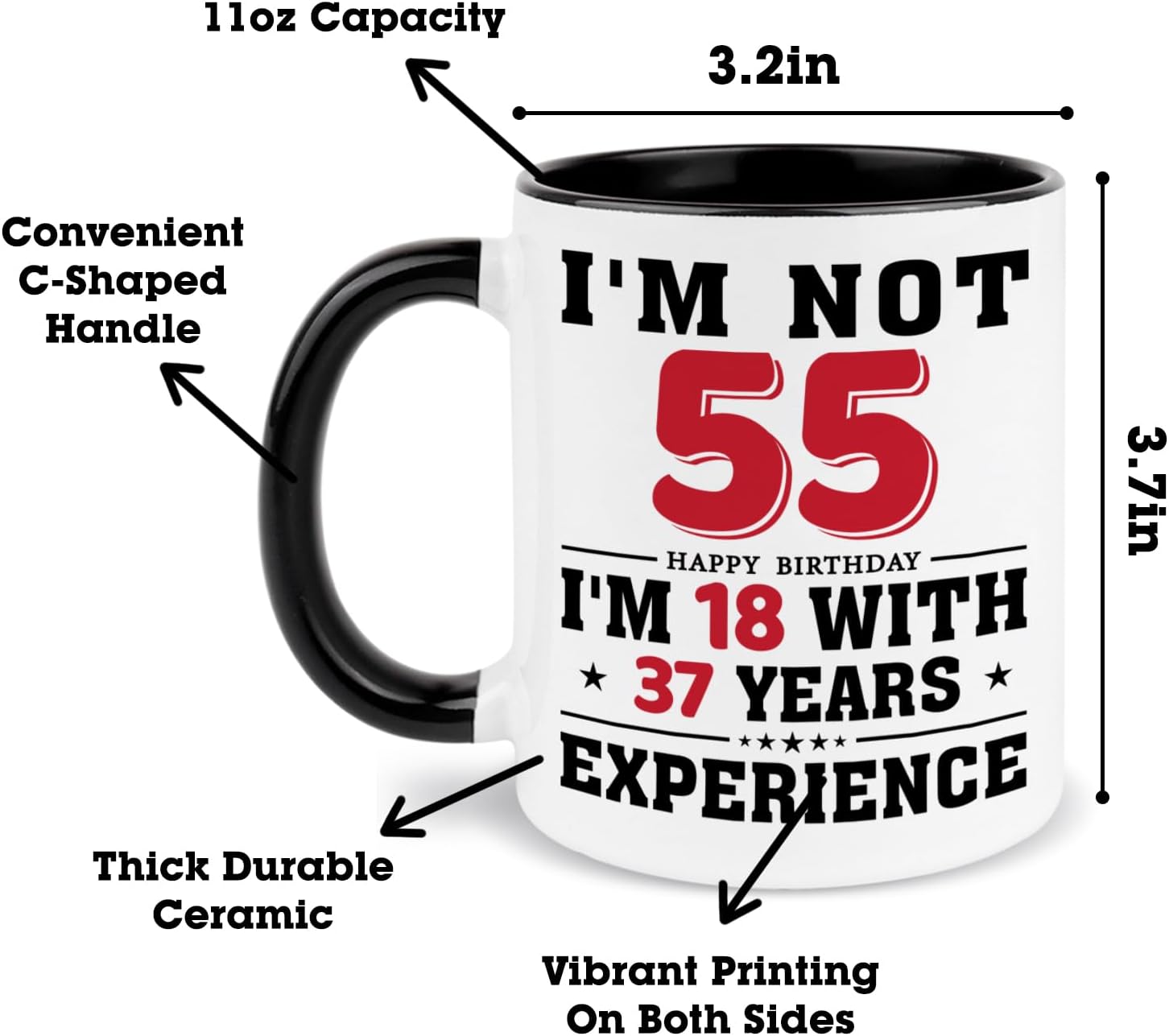 55th Birthday Coffee Mug, 55 year old Birthday Gift Ideas for Men Women Her Him, Red Black 11oz - Image 3