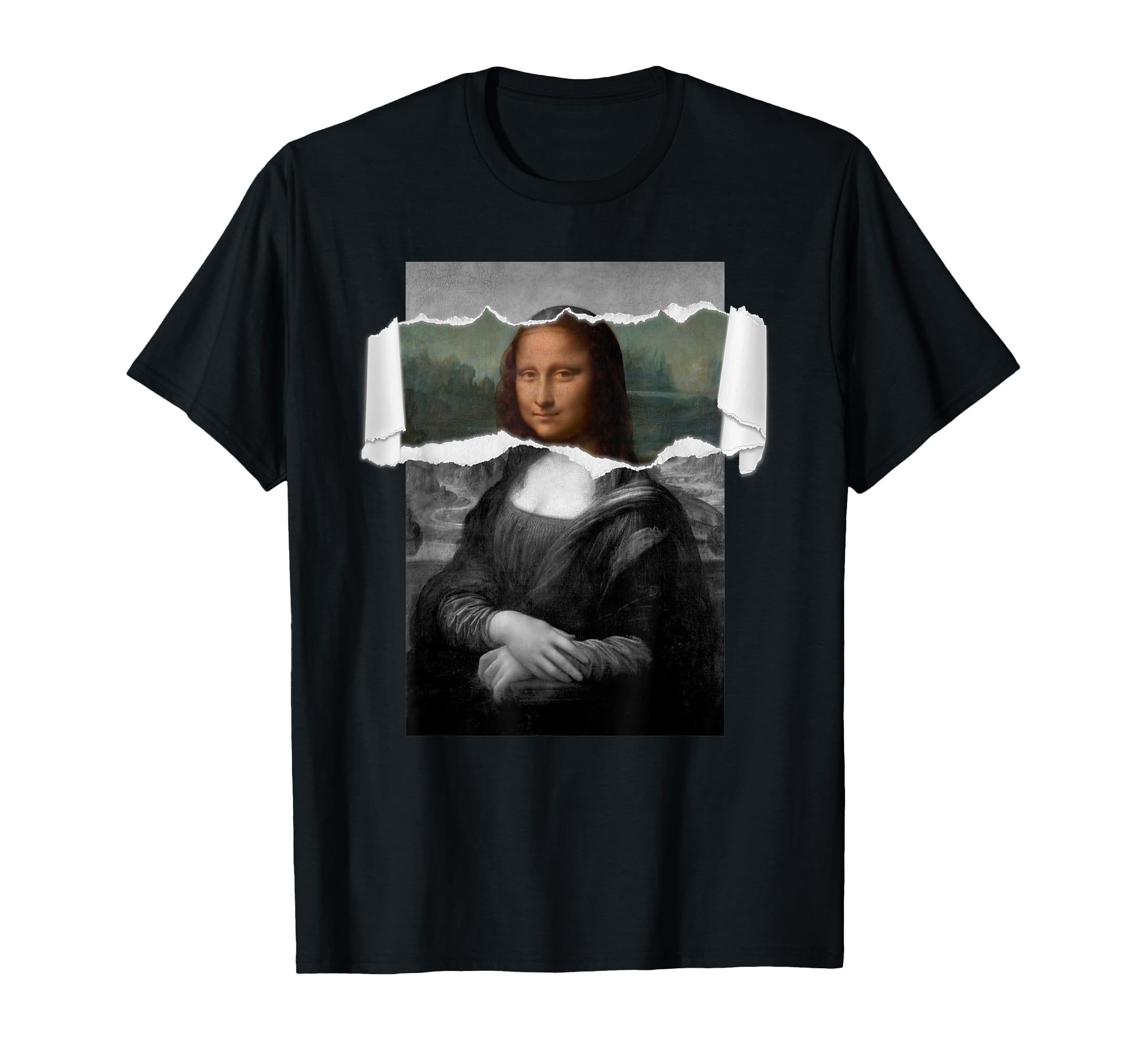 Leonardo DaVinci Renaissance MonaLisa Torn Paper Effect Art Parody Design T-Shirt, Small, Black
