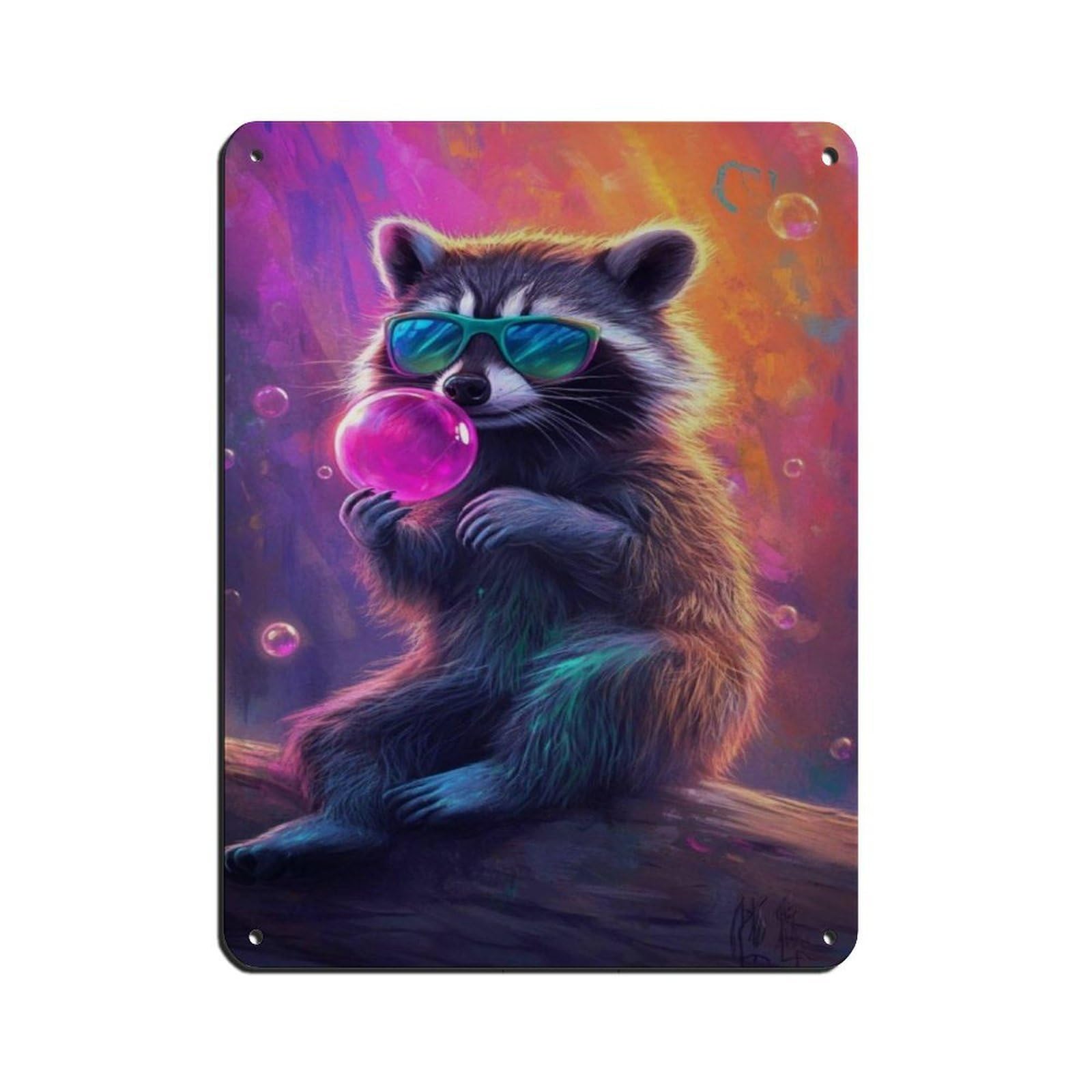 Cute Raccoon with Bubblegum Colorful Animal Retro Poster Metal Tin Sign Chic Art Retro Iron Painting Bar People Cave Cafe Family Garage Poster Wall Decoration 12x16inch(30x40cm)