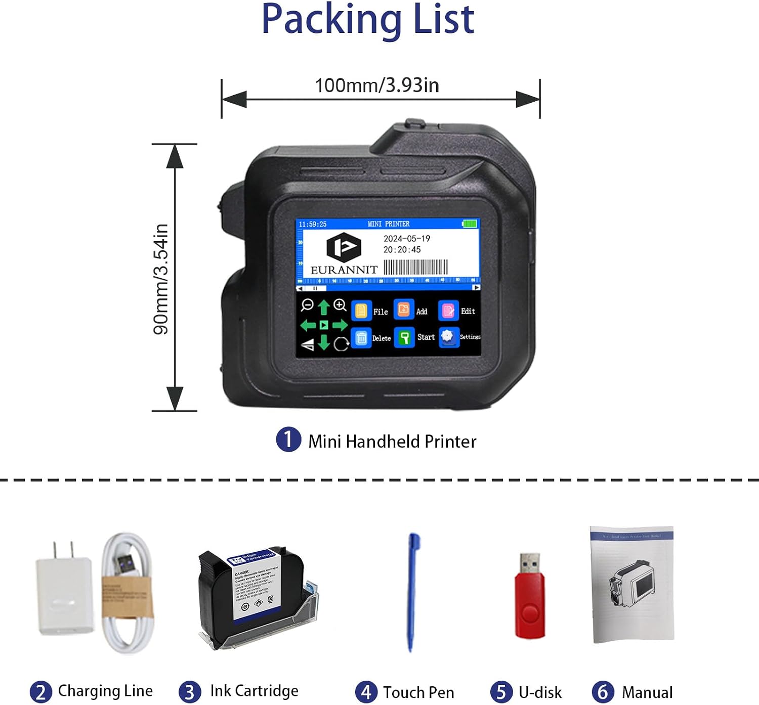 Mini Handheld Inkjet Printer E98, Handheld Inkjet Coder 0.5" Nozzle with 2.8 Inch Touch Screen for Any Surface, Portable Printers for Text QR Barcode Batch Number Logo Date