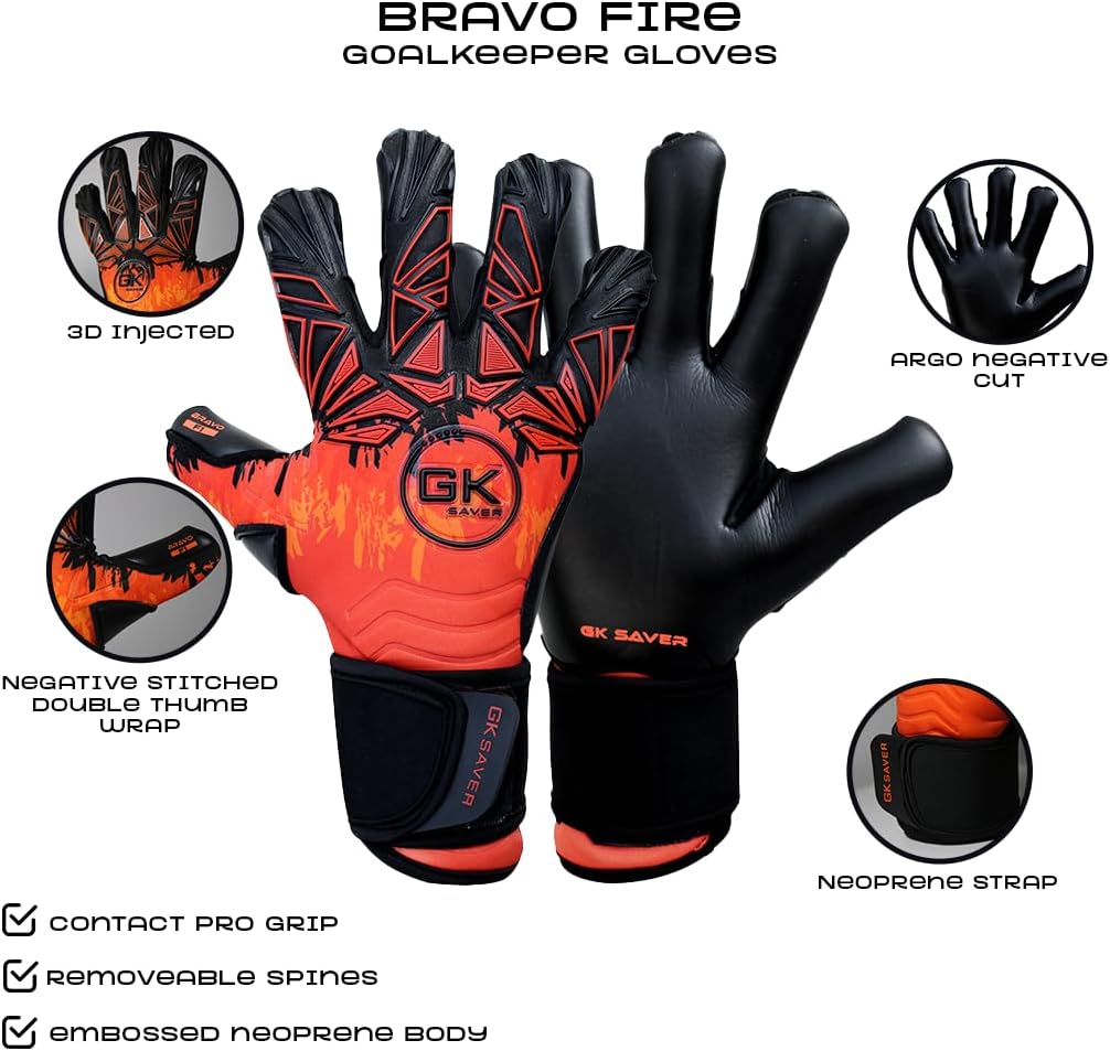 GK Saver Bravo Series Football Goalkeeper Goalie Gloves| Anti-Slip Palms| Savefingers Technology|Goalkeeping Soccer Gloves Size 6 to 11
