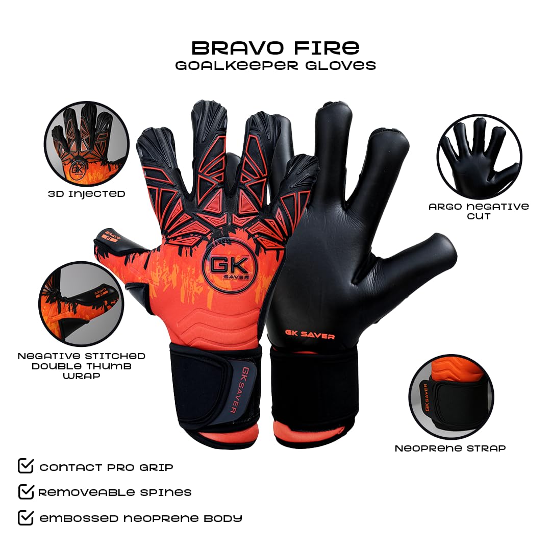 GK Saver Bravo Series Football Goalkeeper Goalie Gloves| Anti-Slip Palms| Savefingers Technology|Goalkeeping Soccer Gloves Size 6 to 11 (Bravo F1 Fire, S 9)
