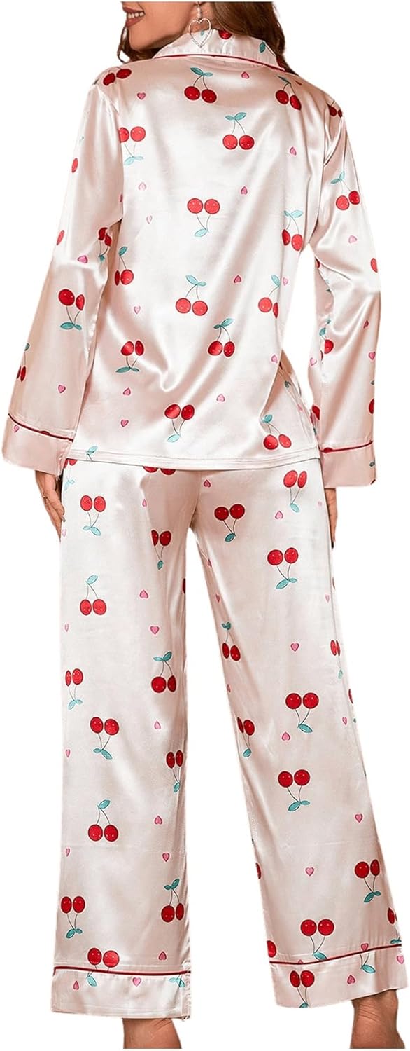 WDIRARA Women's 2 Piece Satin Sleepwear Cherry Print Long Sleeve Sleep Shirt and Pants Pajama Set - Image 2