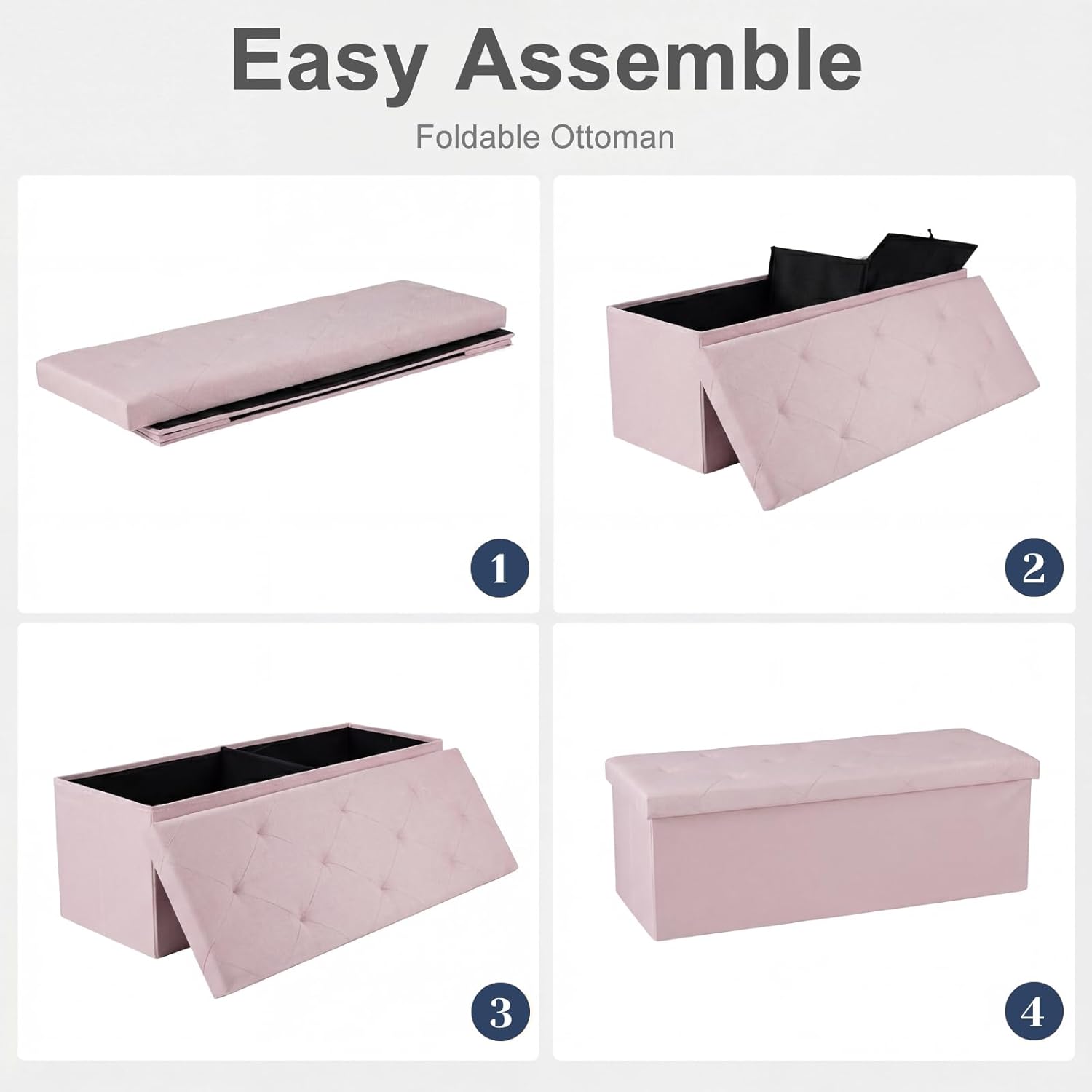 DUMOS 43in Foldable Storage Ottoman Bench, Storage Chest, Large End of Bed Foot Rest Stool with Padded Seat, Bedroom Bench for Living Room, Support 660lbs, Pink