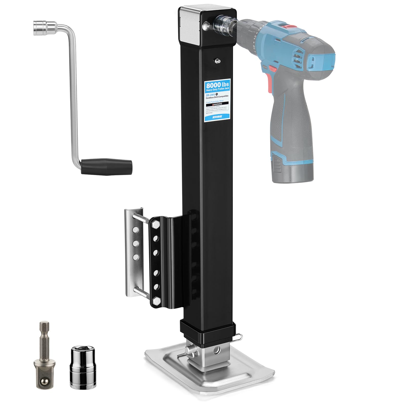 Kohree 8000 lbs Trailer Jack Heavy Duty, 20-24V Electric Drill–Operated, Adjustable Bolt on RV Tongue Jack with Drop Leg & Handle for Boat, Yacht, Horse, Utility Trailer