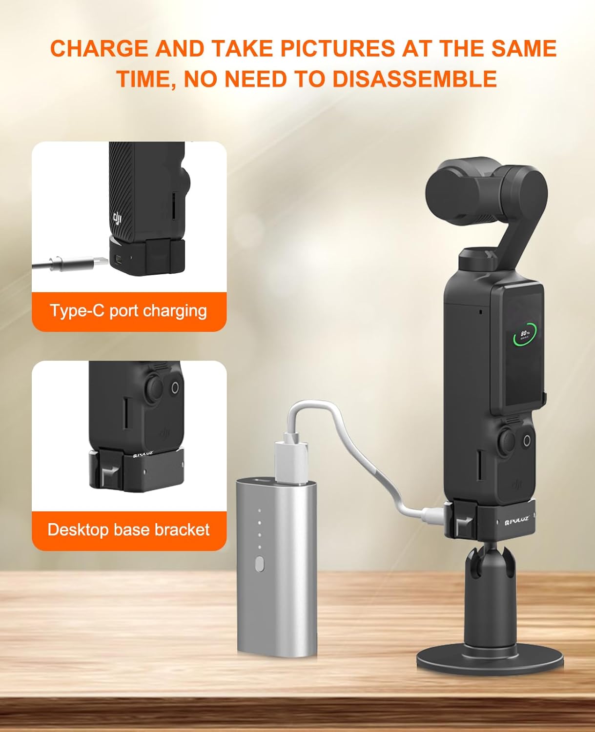 PULUZ Charging Adapter Base for DJI OSMO Pocket 3,USB-C/Type-C Aluminum Alloy Stabilizer Base Bracket,1/4 Threaded Hole and Connector on The Bottom for Mounting to Tripods, Selfie Sticks