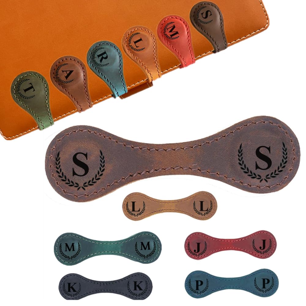 Topaliving Marcapáginas de cuero magnético personalizado, marcador magnético grabado, marcador de letra multifuncional regalo inicial para amantes del libro lectores mujeres (marrón claro, A)