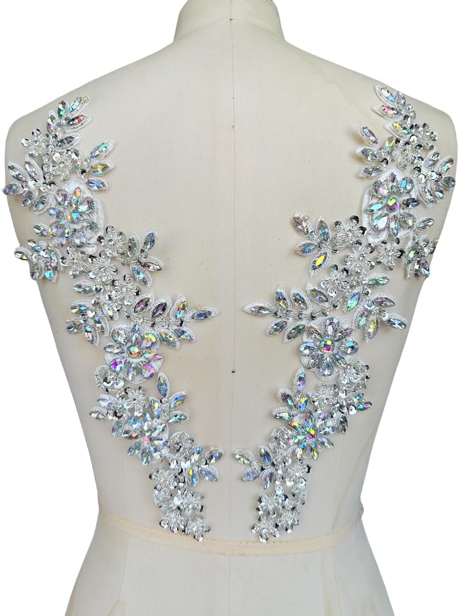 Handmade Rhinestones on lace Applique Sewing Beads Sequins Trim Patches for Wedding Dress Accessories 1 Pair/Bag (Silver)