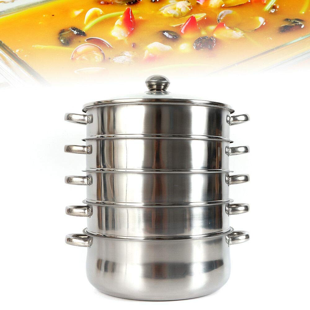 5 Tier Kochtopf Dämpfer Küche Dampf mit Glasdeckel, Edelstahl Topf Dämpfeinsatz Kartoffeldämpfer Gardampfkochtopf, Dampfkocher für Gas Elektro- und Vollkochplatten (30cm)
