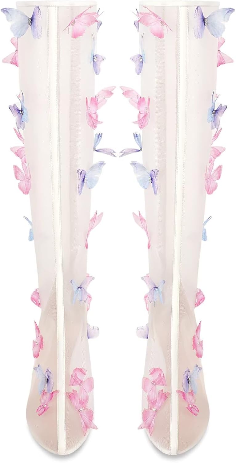 Women's Clear Knee High Boots Butterfly Pointed Toe Stiletto High Heels Mesh Boots Sexy Back Zipper Dress Wedding Shoes