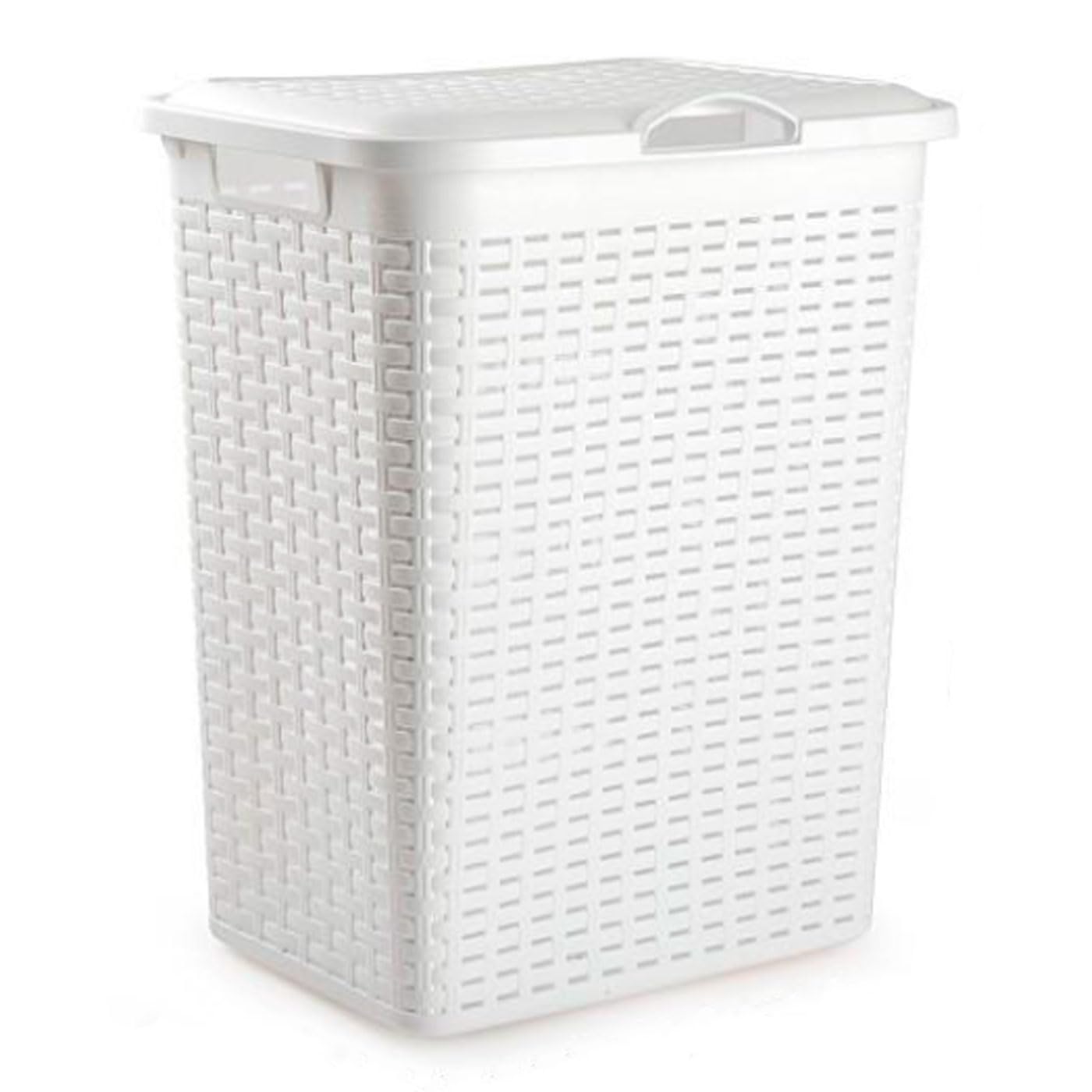 Panier à linge discret plastique blanc imitation rotin pour buanderie ordonnée