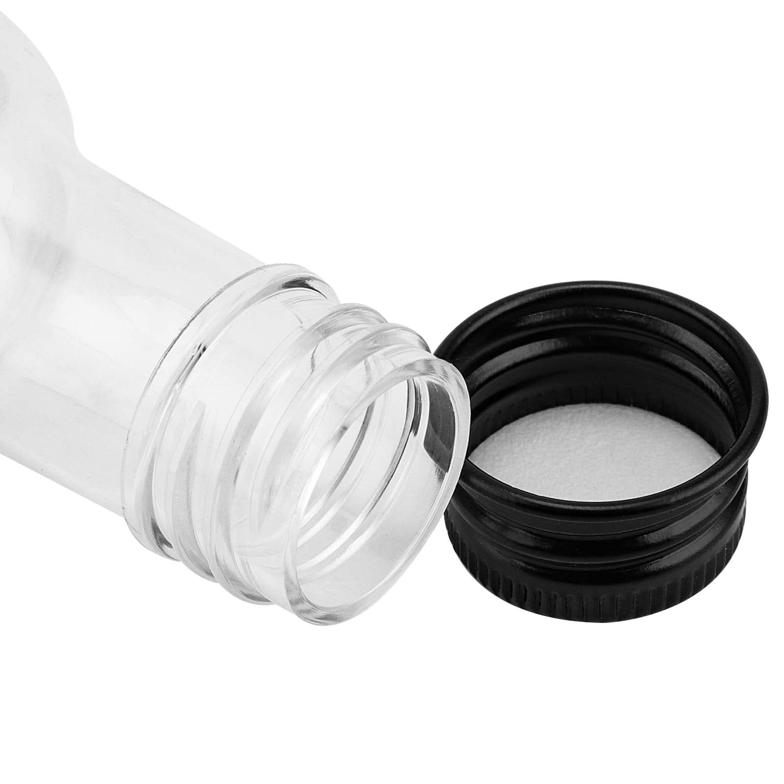 JEUIHAU Paquete de 70 botellas de alcohol de 50 ml con tapa de aluminio negro, botellas de plástico en miniatura para agua, jugo, vino, bebidas y salsa