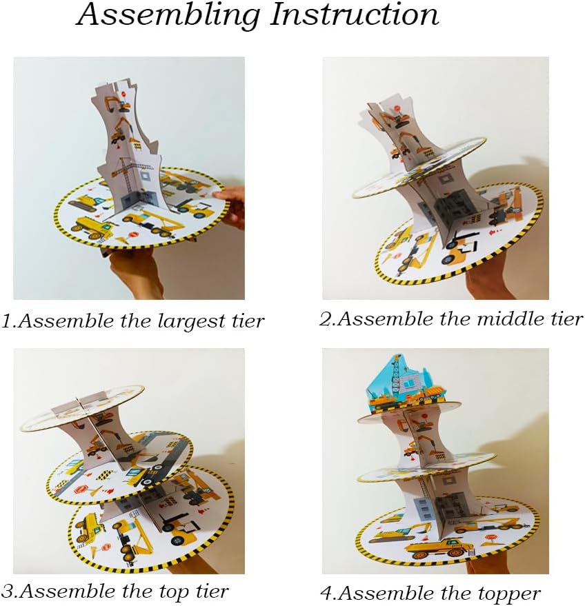 3 Tier Excavator 3D Crane Model Cardboard Cupcake Stand Donuts Dessert Tower Cupcake Holder for Dessert Table Displays,Baby Shower,Construction Theme Birthday Party Decoration Supplies image 4