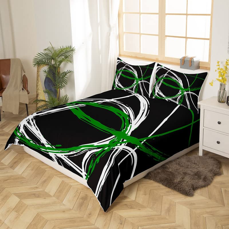 Retro Circle Bedding Duvet Cover Set Single Green Black White Stripes Bedding Set for Kids Boys Girls Abstract Art Decor Comforter Cover Set Microfiber Bedspread Cover Bedroom Bedclothes - Image 2