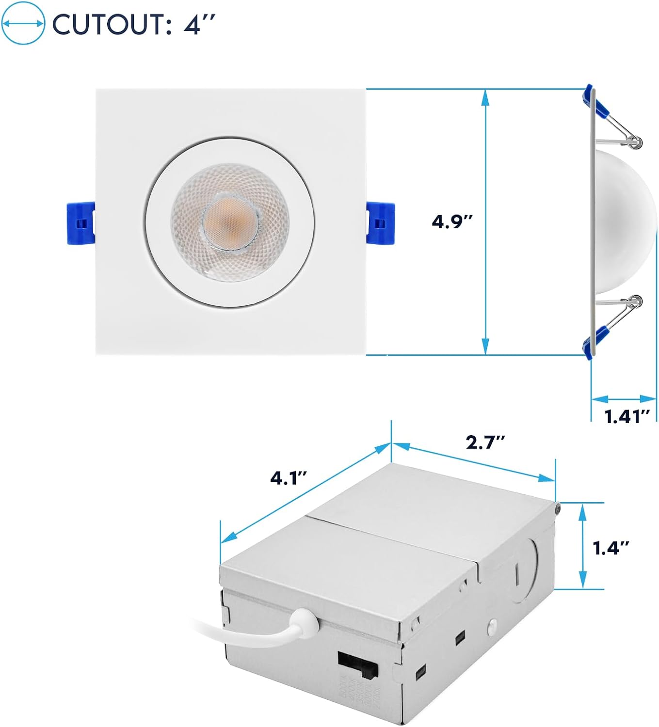 LUXRITE 4-Inch Floating Gimbal LED Recessed Spotlight, Adjustable 360° Rotation & 90° Tilt, Directional Recessed Light, 5CCT 2700K-5000K, CRI90, 10W, 1000LM, Dimmable, Square, IC Rated & ETL (4 Pack)