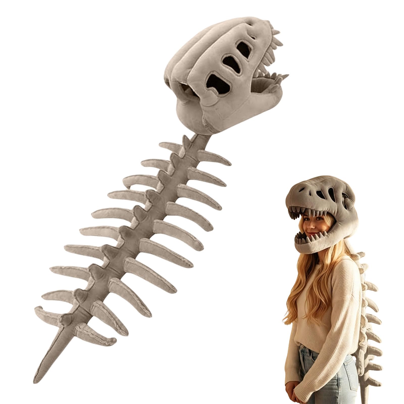 Dinosaur Skeleton Costume, Plush Skeleton Costume for Kids & Adults - Silly Spinosaurus Plush Outfit with 3D Realistic Skull Prop, Cozy Hat with Spine for Halloween Cosplay (Grey, Kids(80cm)) — image 1