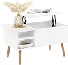 Furinno Jensen Living Room Wooden Leg Lift Top Coffee Table With Hidden Compartment and Side Open Storage Shelf, Solid White