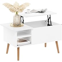 Furinno Jensen Wooden Leg Lift Top Coffee Table with Hidden Compartment and Side Open Storage Shelf for Living Room, Solid White