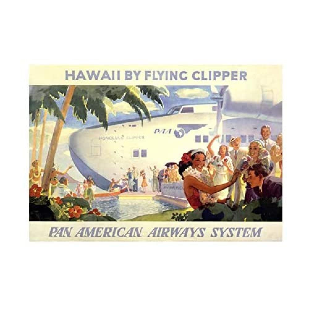 Wee Blue Coo Travel Tourism Flying Clipper Hawaii Plane Tropical Wall Art Print