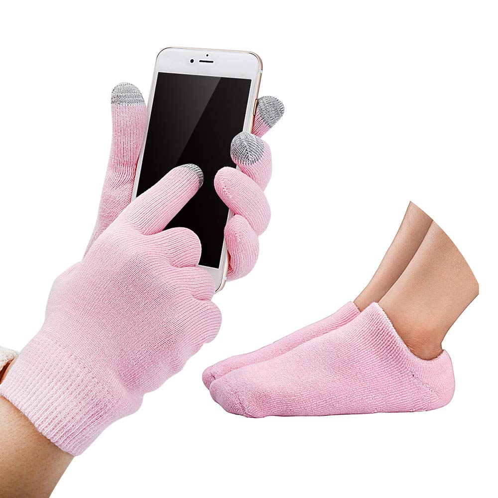 Codream Touch Screen Moisturizing Spa Gloves and Socks Set Gel Gloves and Socks Heal Eczema Cracked Dry Skin for Repair Treatment (Fuzzy Pink) : Beauty