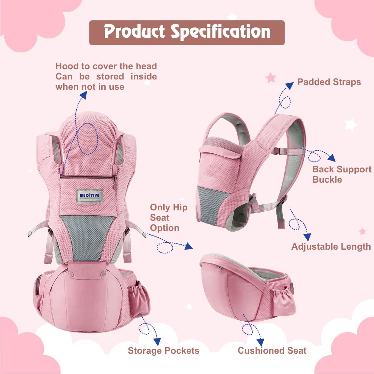 MEDITIVE 3 in 1 Cotton Baby Carrier with Detachable Hip Seat, Ergonomically Made, 4 to 24 Months (Pink Color) 1