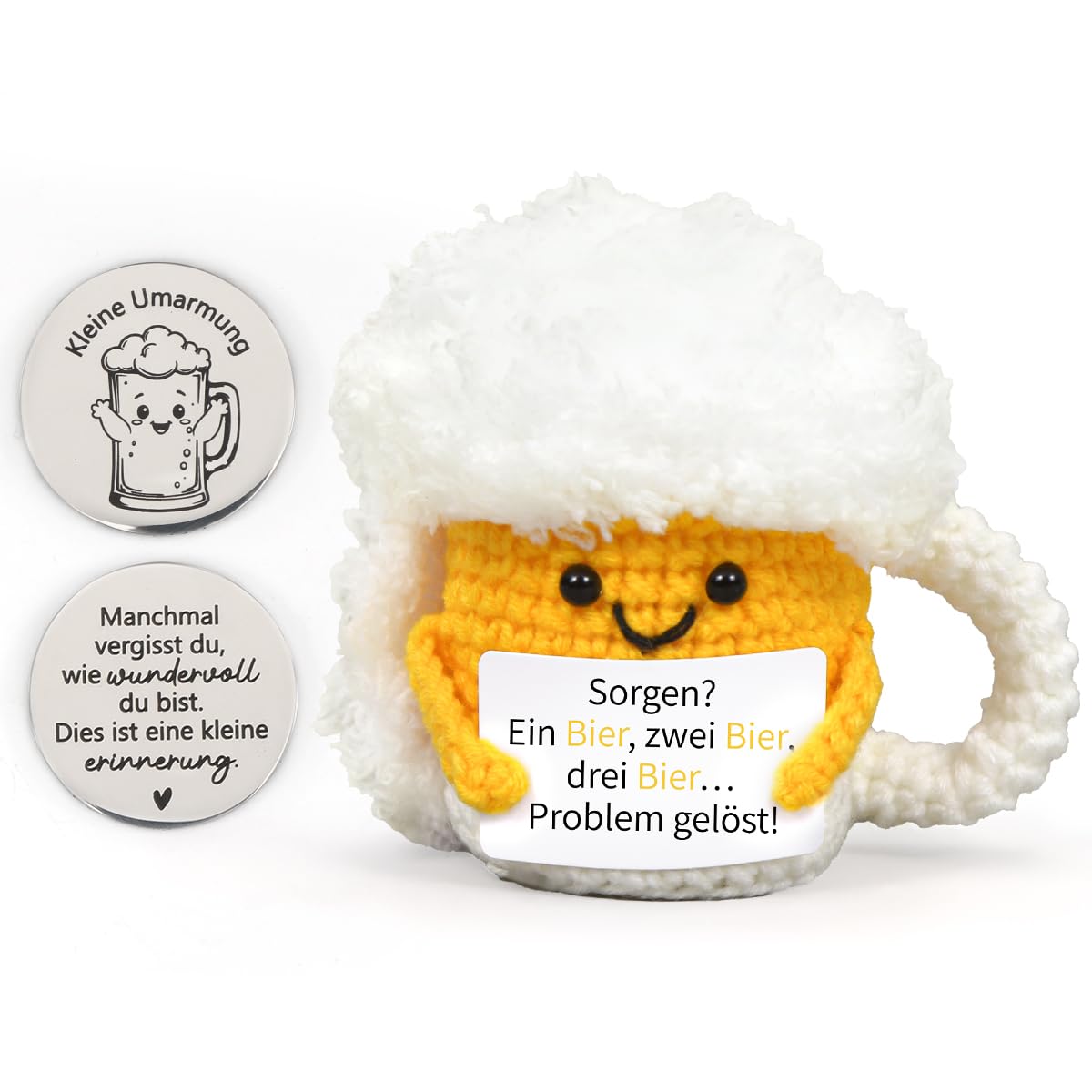 HUKUMA Bier Geschenke für Männer,Gestrickte Puppe Bier Anti Stress Geschenke,Positive Kuscheltier,Gehäkeltes Emotional Support Geschenk,Pocket Hug Stress Relief Gifts