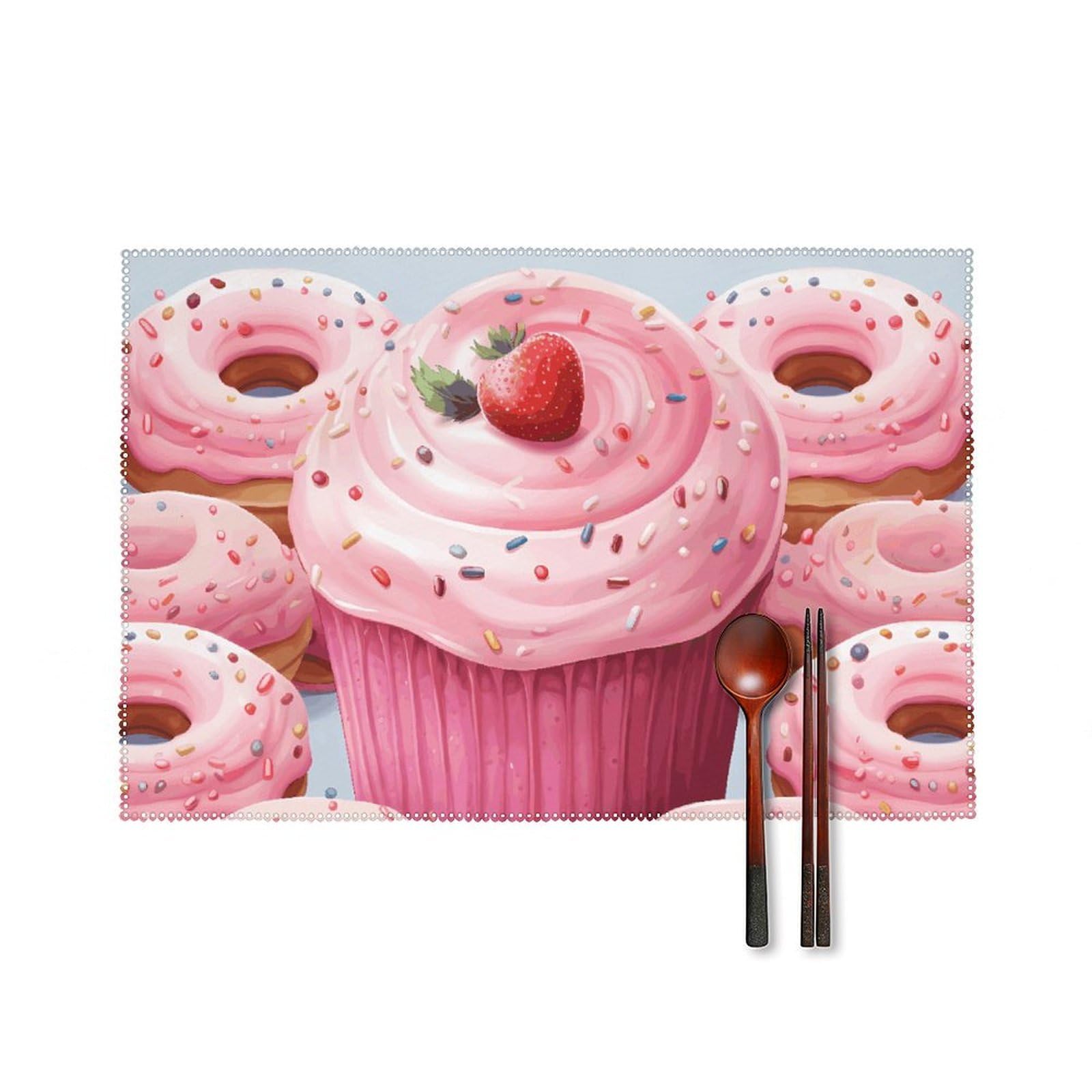 Pink Donut and Cupcake Placemats Set of 6, 12x18 Inch Heat Resistant Washable Canvas Table Mats, Stain Resistant Decorative Dining Placemats for Kitchen, Restaurant, Outdoor Party