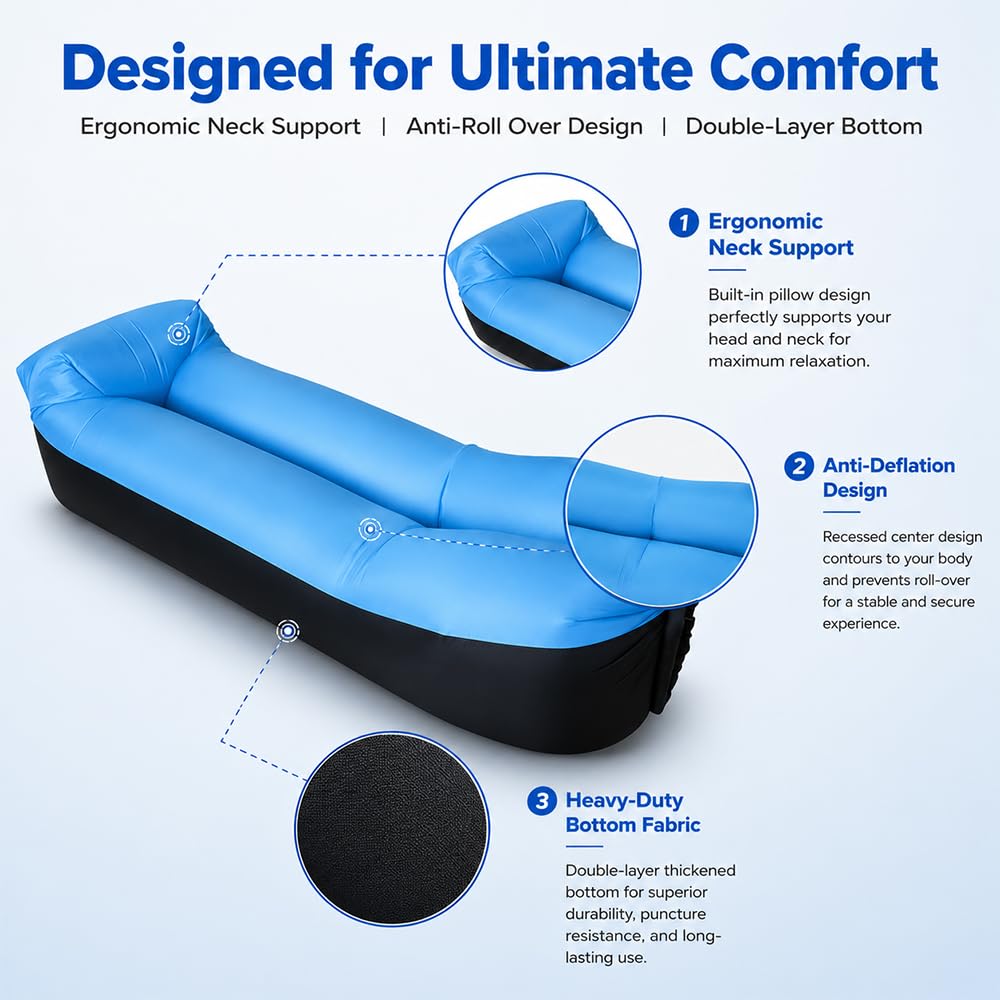 Aufblasbares Sofa, Camping Sofa Aufblasbar, Tragbares Luft Sitzsack mit Aufbewahrungstasche, Air Lounger, Aufblasbare Couch für Camping Urlaub Schwimmbad Strandparties Hinterhof