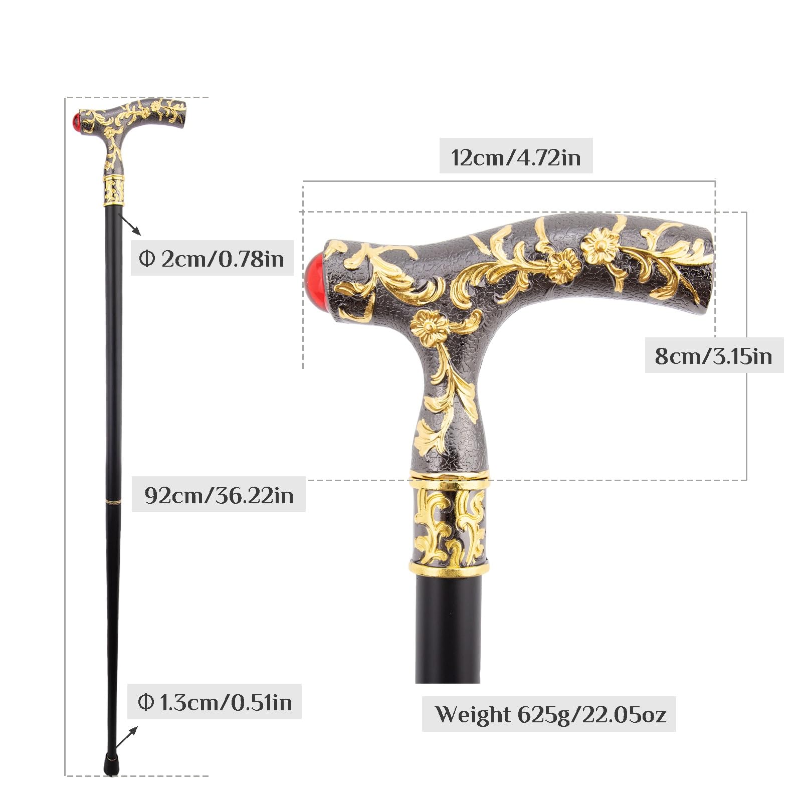 Bastón con Detalles en Negro, Dorado y Cuentas Rojas, Bastón de Lujo para Hombre y Mujer Antideslizante Desmontable, para Cosplay o Fiestas 92 Cm