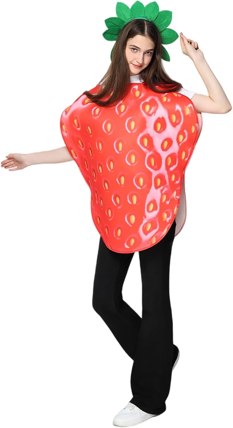 EraSpooky Adult Strawberry Costume Fruit Costume Halloween Funny Set with Green Leaf Accessory - Image 3
