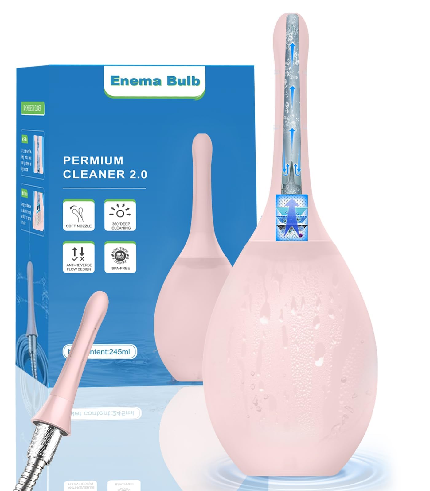 Ducha Anal de Silicona 245ML para Higiene Íntima, Sistema Antirretorno con Filtro de Agua, Irrigador Íntimo Compatible con Ducha para Hombre y Mujer, Limpieza Íntima Suave y Cómoda, Rosa