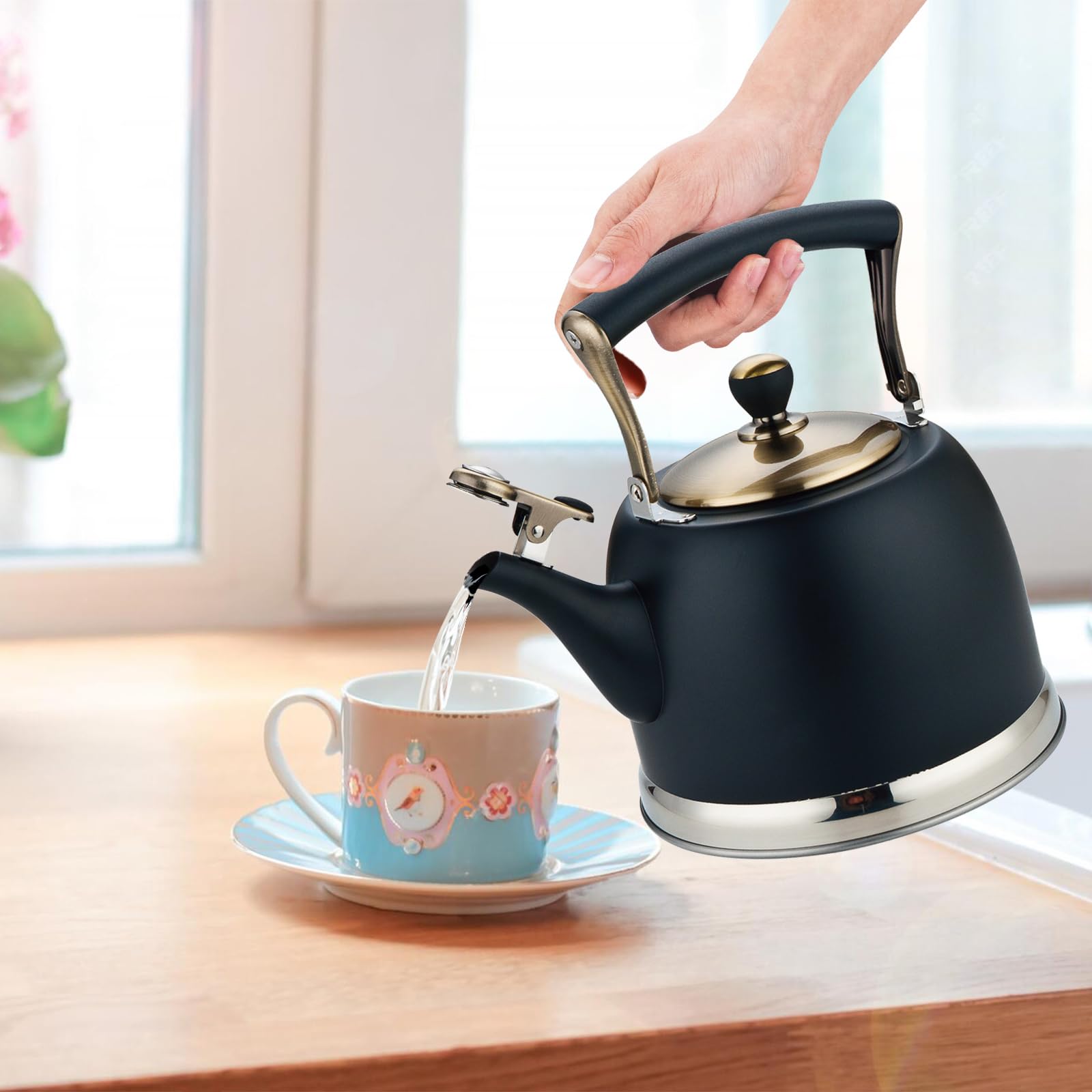 3L Hervidor de agua de acero inoxidable para camping, té en tetera con asa, placa de inducción y estufa de gas, cocina silbante