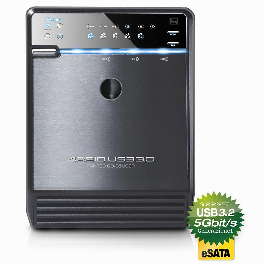 FANTEC QB-35US3R Box Case Esterno per 4x Hard Disk SATA I/II/III da 9,89cm (3,5"), USB 3.0 SUPERSPEED, eSATA, RAID (modalità 0/1/3/5/10/BIG), Ventola da 80 mm con Sensore Termico, XP/Vista/7/8/8.1/10, Mac OS, Linux, Nero