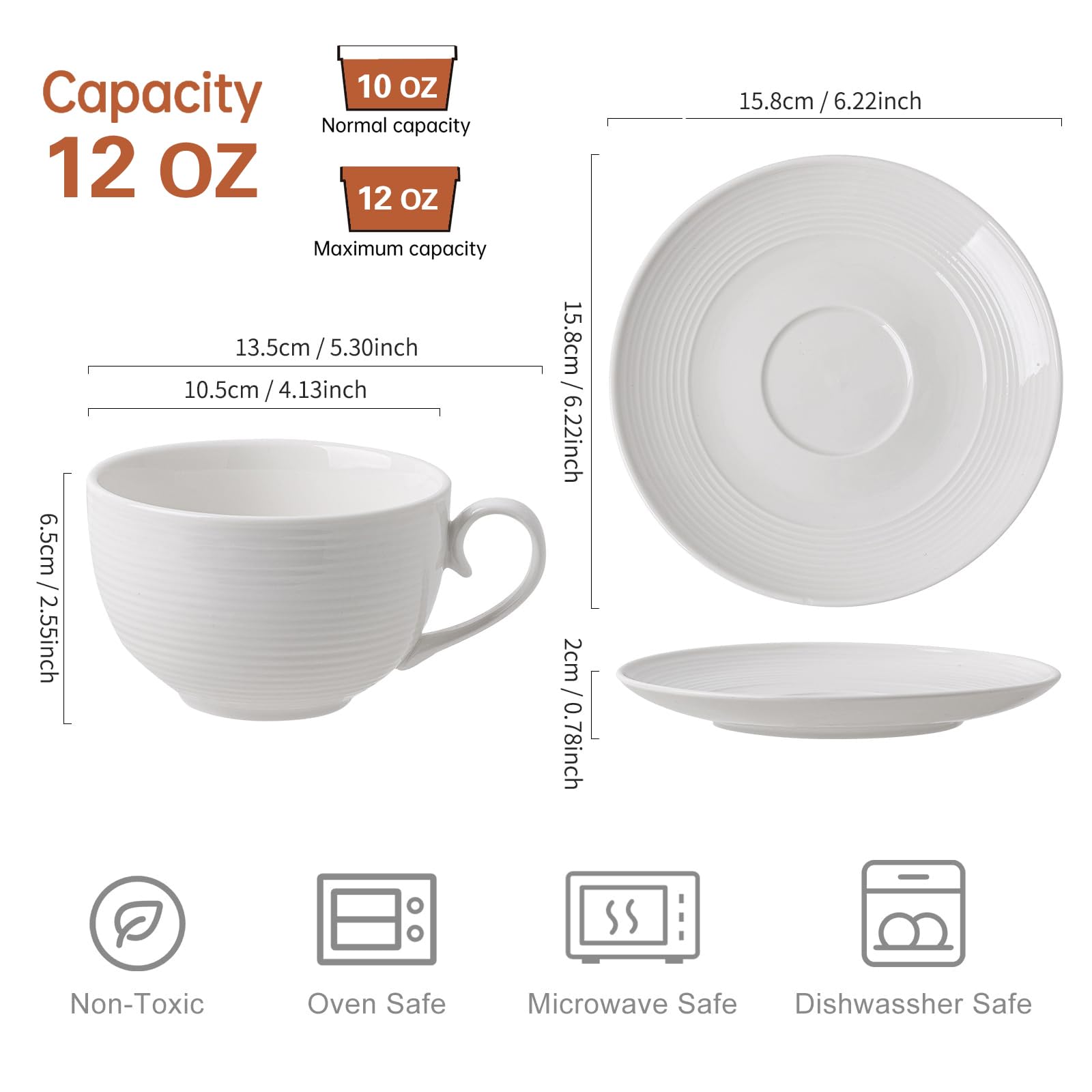 Juego de 4 tazas de café con platillos de 12 onzas, tazas de café de cerámica para capuchino, taza de té, platillo, tazas de café con leche, tazas para cocina, cafetería, microondas,