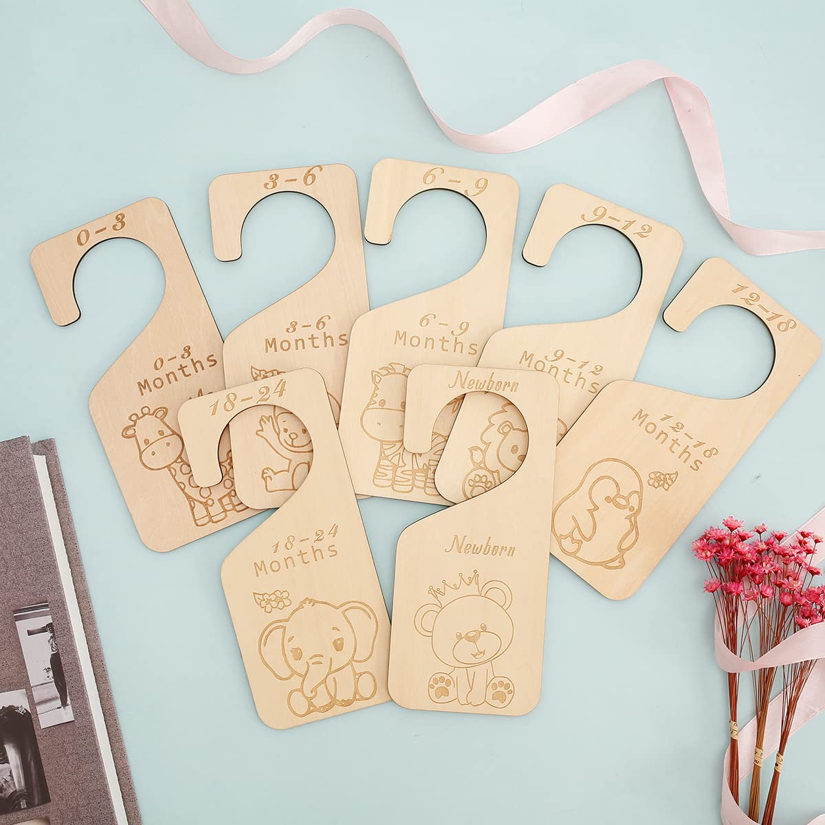 Txkrhwa 7Pcs Baby Closet Dividers Wooden Nursery Closet Size Dividers Double-Sided Baby Clothing Dividers from Newborn to 24 Month Cute Baby Clothes Organizer Dividers for New Born Baby Shower Infant