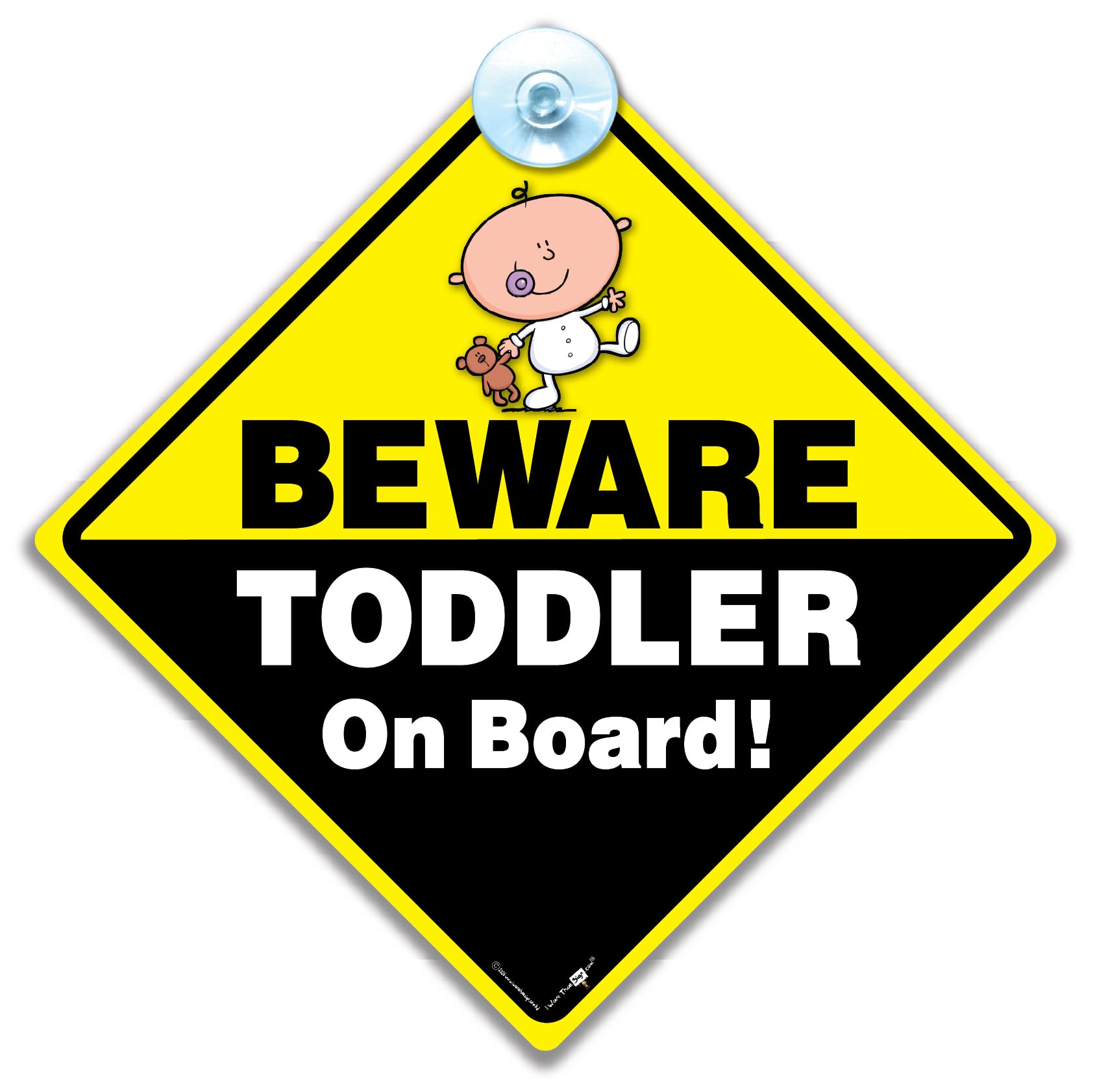 Beware Toddler on Board Car Sign with Suction Cup, Yellow Child in Car Funny Vehicle Notice, 14cm